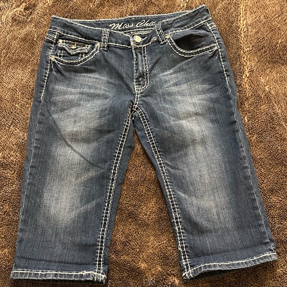 MISS CHIC Dark Blue Faded Stretch Crystal Detail Denim Capris 13